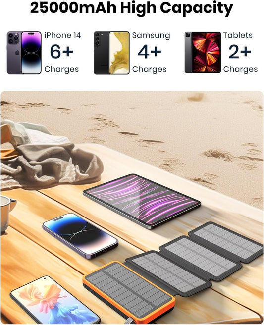 FEELLE Solar Charger Power Bank - 25000mAh Portable Phone Charger 3A Fast Charging External Battery Pack with 4 Solar Panels for Phone Outdoor Camping Orange