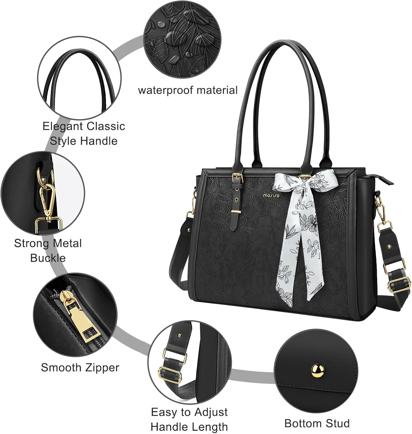 MOSISO Laptop Bag for Women, 17-17.3 inch PU Leathe Tote Bag Compatible with MacBook, HP, Dell, Asus Notebook, Front Embossed Retro Hibiscus Computer Bag with Silk Scarf&Clutch Purse, Gray - PuriLite