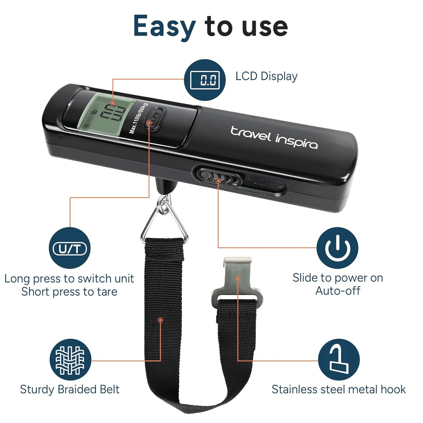 travel inspira Luggage Scale Battery-Free, Travel Essentials, Portable Handheld Digital Suitcase Weight Scale for for Travel Accessories, 110lbs/50kg