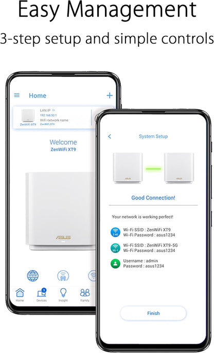 ASUS ZenWiFi XT9 AX7800 Tri-Band WiFi 6 Mesh System, Covearge up to 5700 sq ft, Subscription-Free Network Security, Advanced Parental Controls, 4G & 5G Mobile Tethering, VPN, Easy Setup, 2.5G Port
