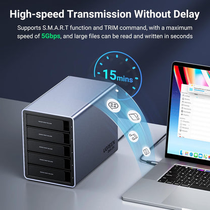 UGREEN 5 Bay USB C RAID Hard Drive Enclosure 100TB for 3.5 2.5 Inch SSD HDD, Disk Array Support RAID0 RAID1 RAID10 RAID3 RAID5 Clone PM Large Mode, S.M.A.R.T, with 12V Power Adapter and USB C Cable