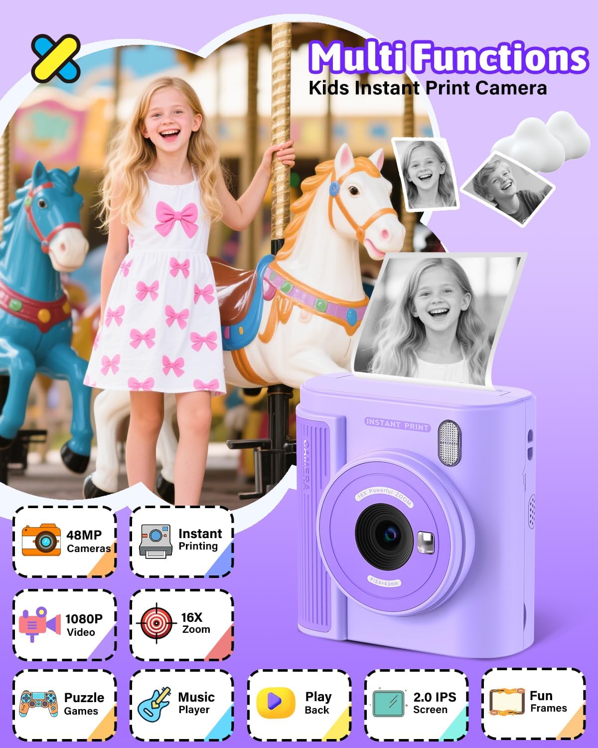 Mgaolo Kids Camera with Instant Print, Thermal Printing Digital Camera Gift for 3-12 Years Old Children, Safe Ink-Free Design, Toy for Creativity & Learning (Black)