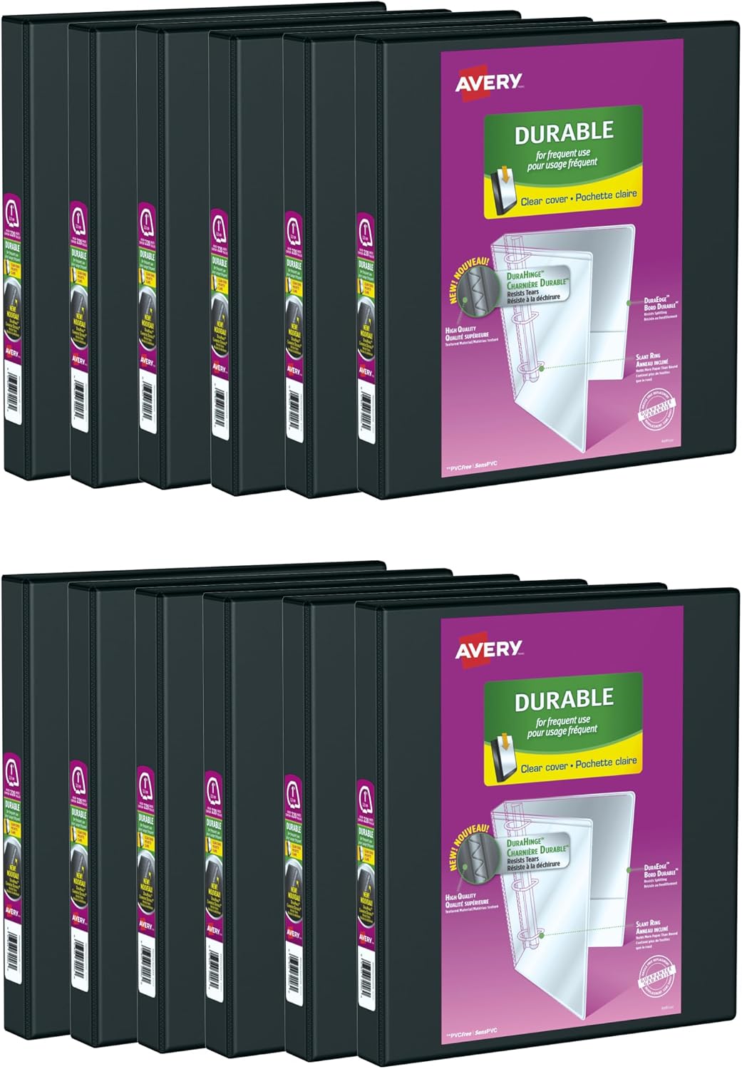 Avery Durable View Binder, 1" Slant Rings, 220 Sheet Capacity, 3 Ring Binder, 2 Pockets, 12 Case Pack Binders, PVC Free, Black (500-34003)