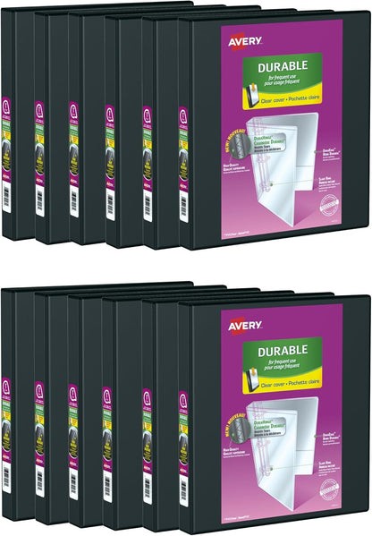 Avery Durable View Binder, 1" Slant Rings, 220 Sheet Capacity, 3 Ring Binder, 2 Pockets, 12 Case Pack Binders, PVC Free, Black (500-34003)