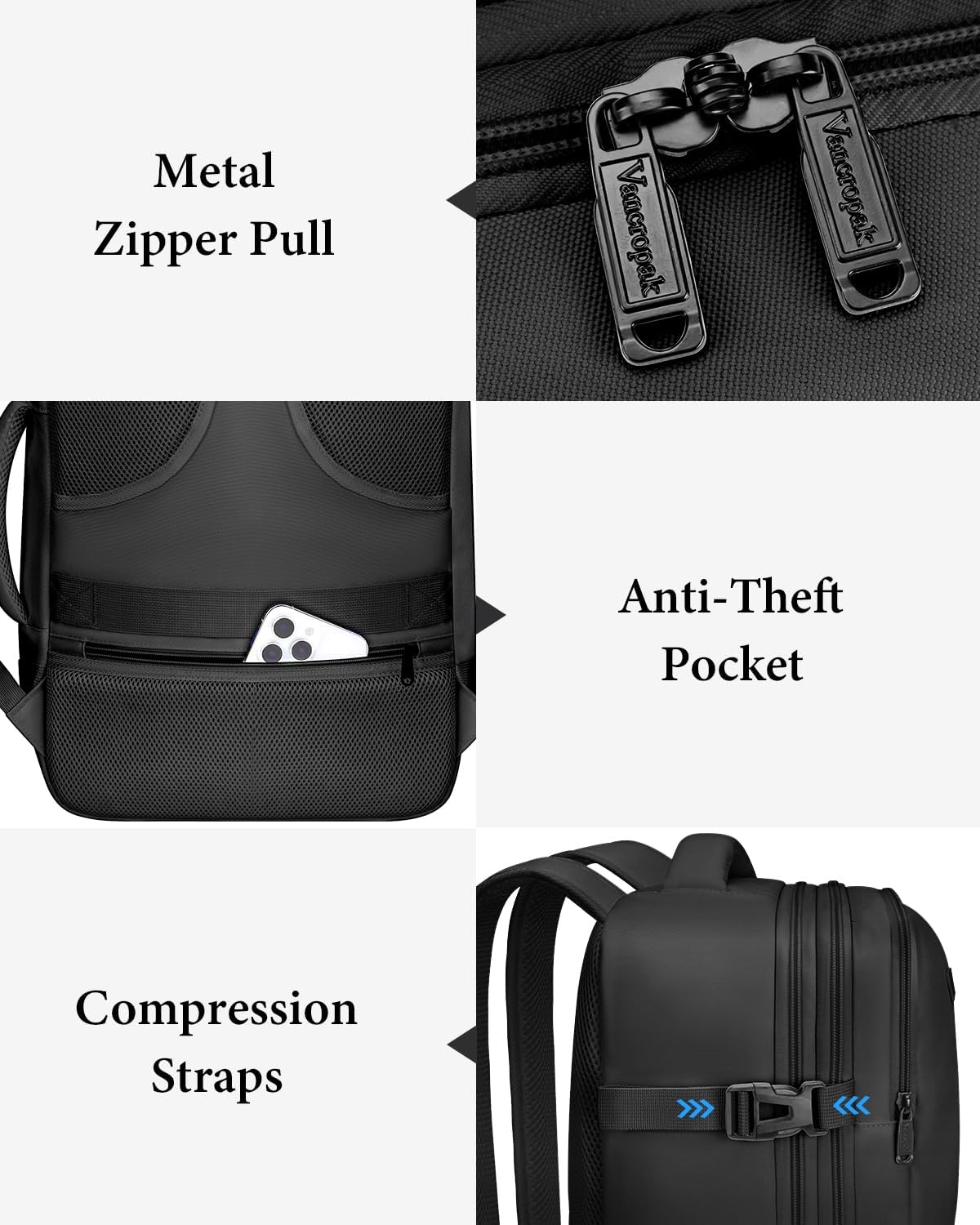 Vancropak Carry on Backpack, Airline Approved 45L Travel Backpack with 3 Packing Cubes