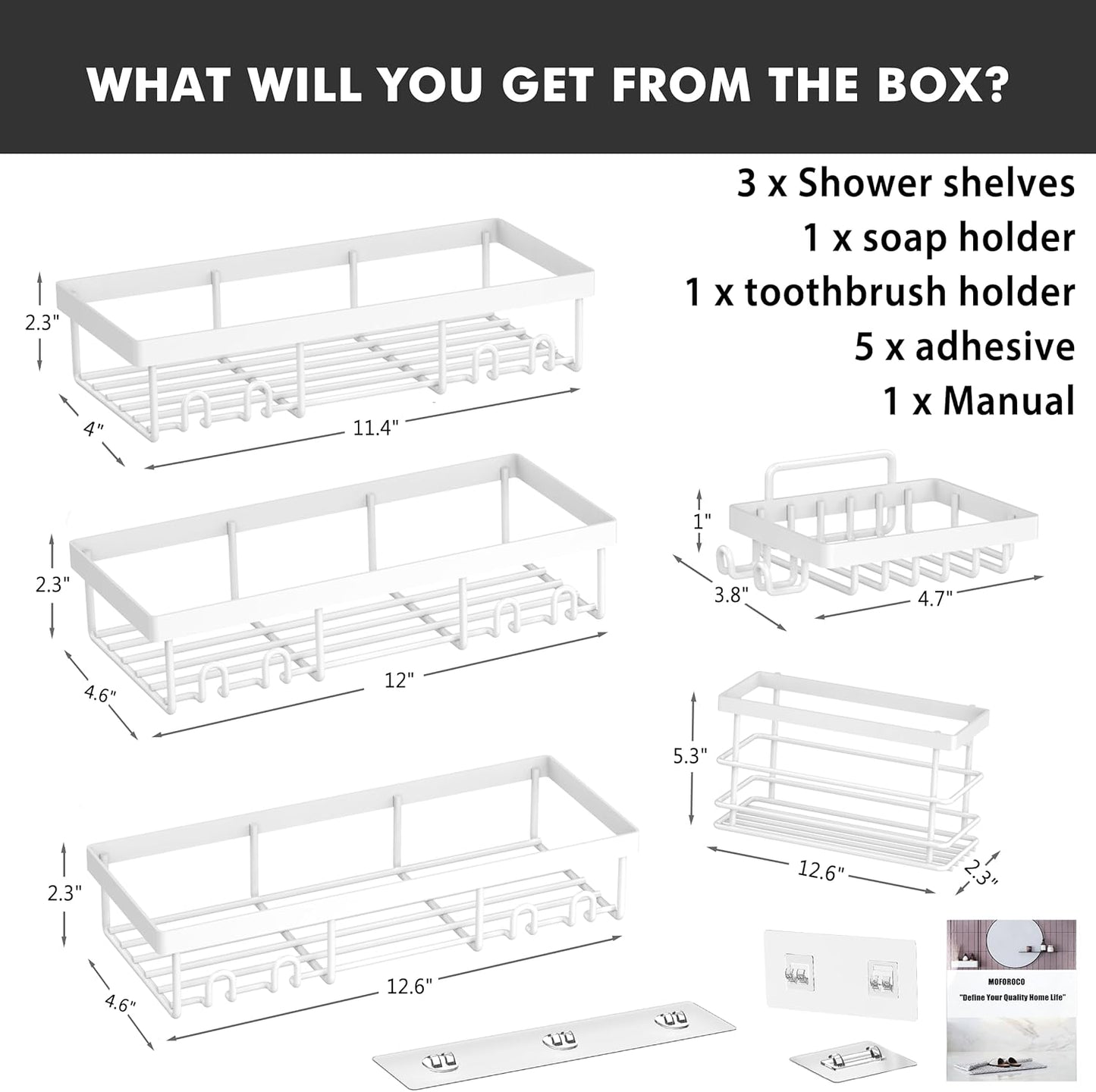 Moforoco Shower Caddy Shelf Organizer Rack, Self Adhesive Black Bathroom Shelves Basket, Home Farmhouse Wall Shower Inside Organization and Storage Decor Rv Accessories, First Apartment Essentials