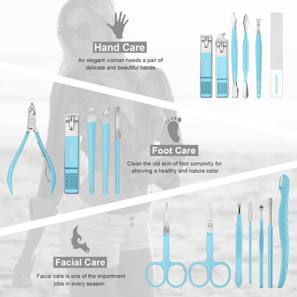 Manicure Set Professional Pedicure Kit Nail Clippers Kit - 18 Pcs Nail Care Tools - Grooming Kit with Luxurious Upgraded Travel Case (Blue)