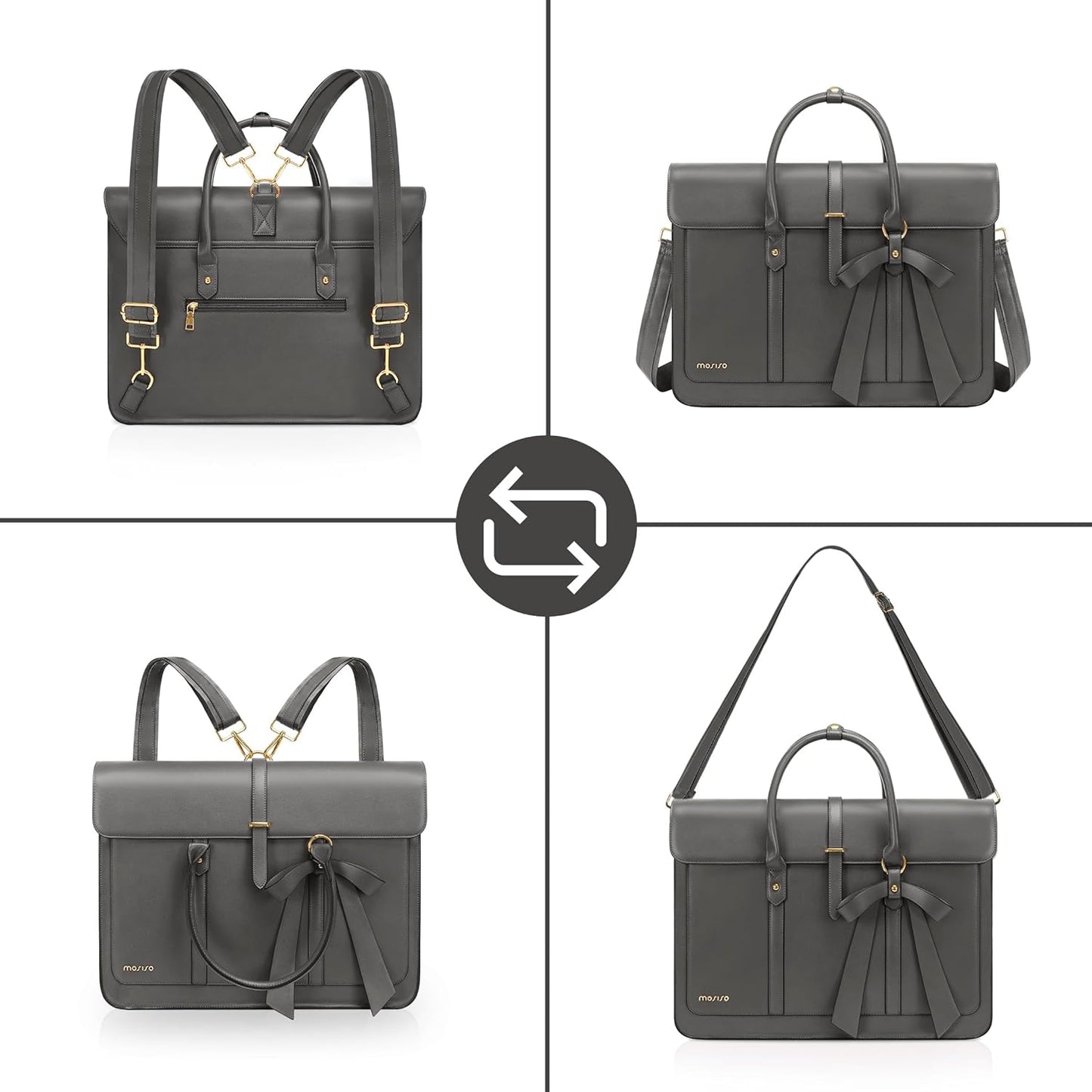 MOSISO Laptop Bag for Women, PU Leather Laptop Shoulder Bag Convertible Backpack, Work Travel Computer Bag with Bowknot - PuriLite