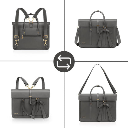 MOSISO Laptop Bag for Women, PU Leather Laptop Shoulder Bag Convertible Backpack, Work Travel Computer Bag with Bowknot - PuriLite