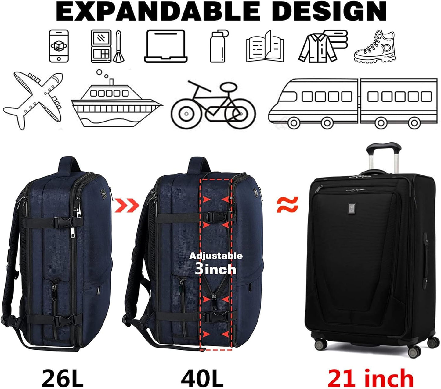 Mogplof Carry on Backpack, Airline Flight Approved Travel Backpack for Men, WOmen 40L Extra Large Expandable Water Resistant Backpack Lightweight Daypack Perfect Fit for 17 17.3 Inch Laptop, Black