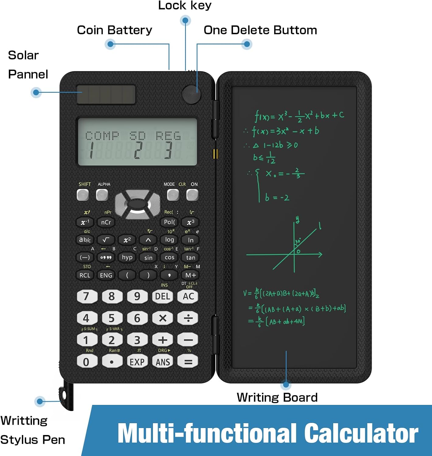 Scientific Calculator with Writing Pad | Foldable 2-Line Display Solar & Battery Powered