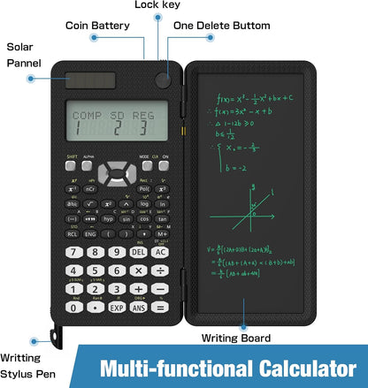 Scientific Calculator with Writing Pad | Foldable 2-Line Display Solar & Battery Powered