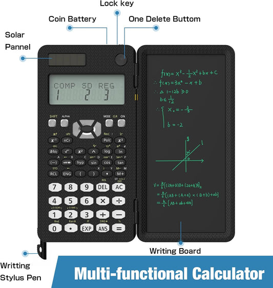 Scientific Calculator with Writing Pad | Foldable 2-Line Display Solar & Battery Powered