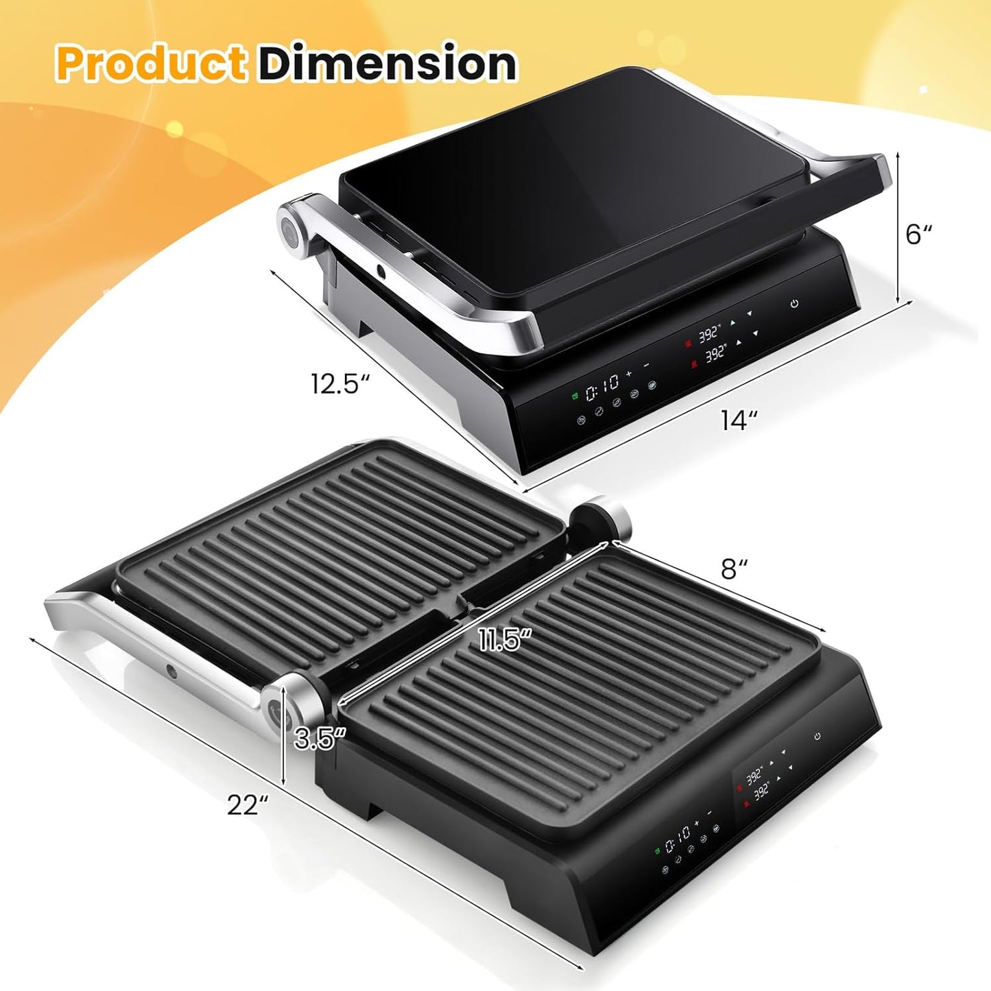 KOTEK 3-In-1 Sandwich Maker, 1200W Indoor Grill w/Floating Hinged Lid, Removable Drip Tray & Non-Stick Coated Plates, Open 180°, 4 Slice Panini Press Grill, 5 Auto Modes, Temperature Control & Timer - PuriLite