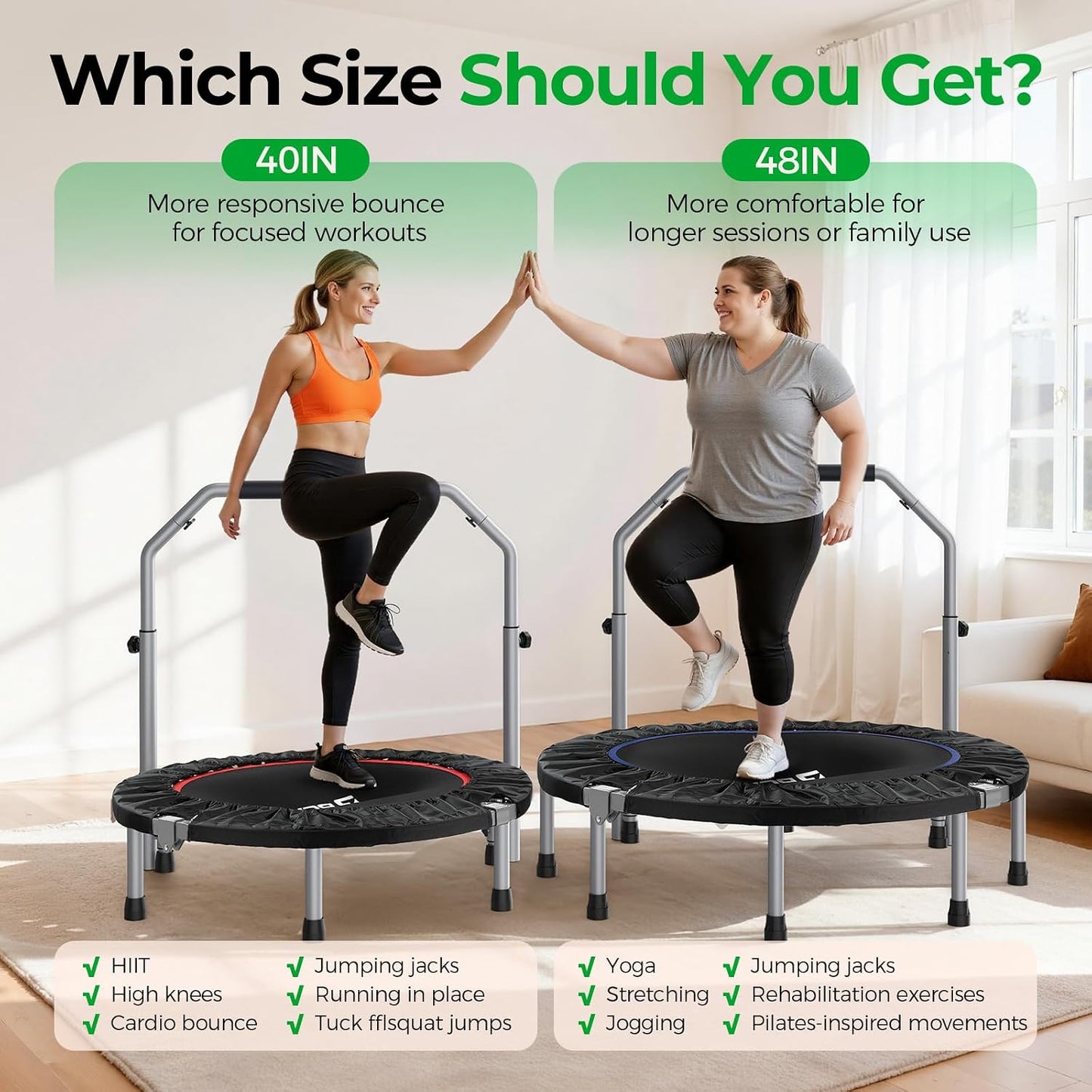BCAN SP2 40"/48" Foldable Mini Trampoline Max Load 330lbs/440lbs, Fitness Rebounder with Springs, Adjustable Foam Handle, Exercise Trampoline for Adults Indoor/Garden Workout
