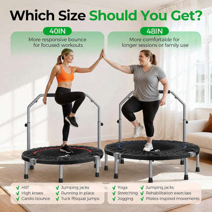BCAN SP2 40"/48" Foldable Mini Trampoline Max Load 330lbs/440lbs, Fitness Rebounder with Springs, Adjustable Foam Handle, Exercise Trampoline for Adults Indoor/Garden Workout
