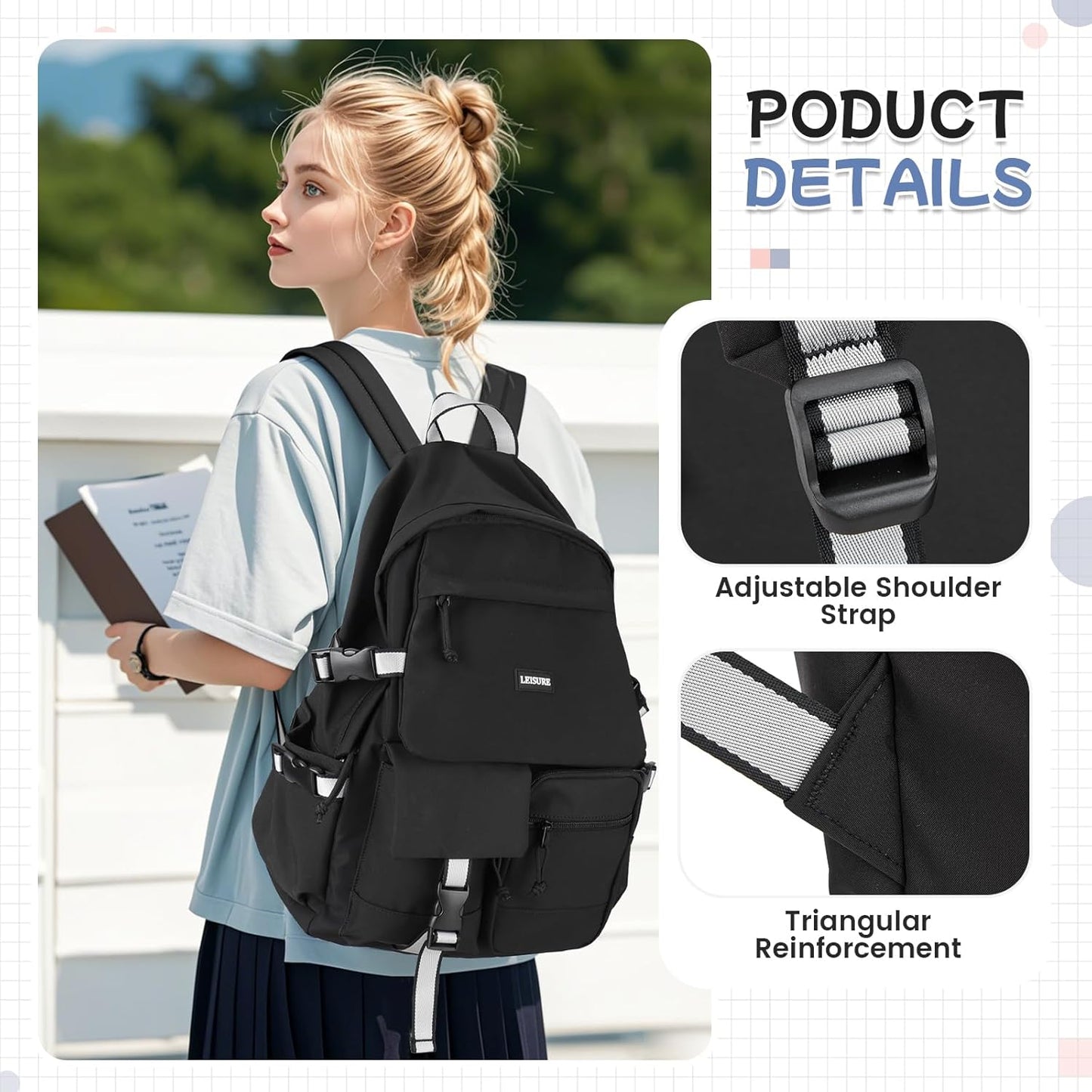 School Backpack for Women Men College High School Bags for Boys Girls Casual Daypack Laptop Backpack Waterproof Black Bookbag Travel Rucksack