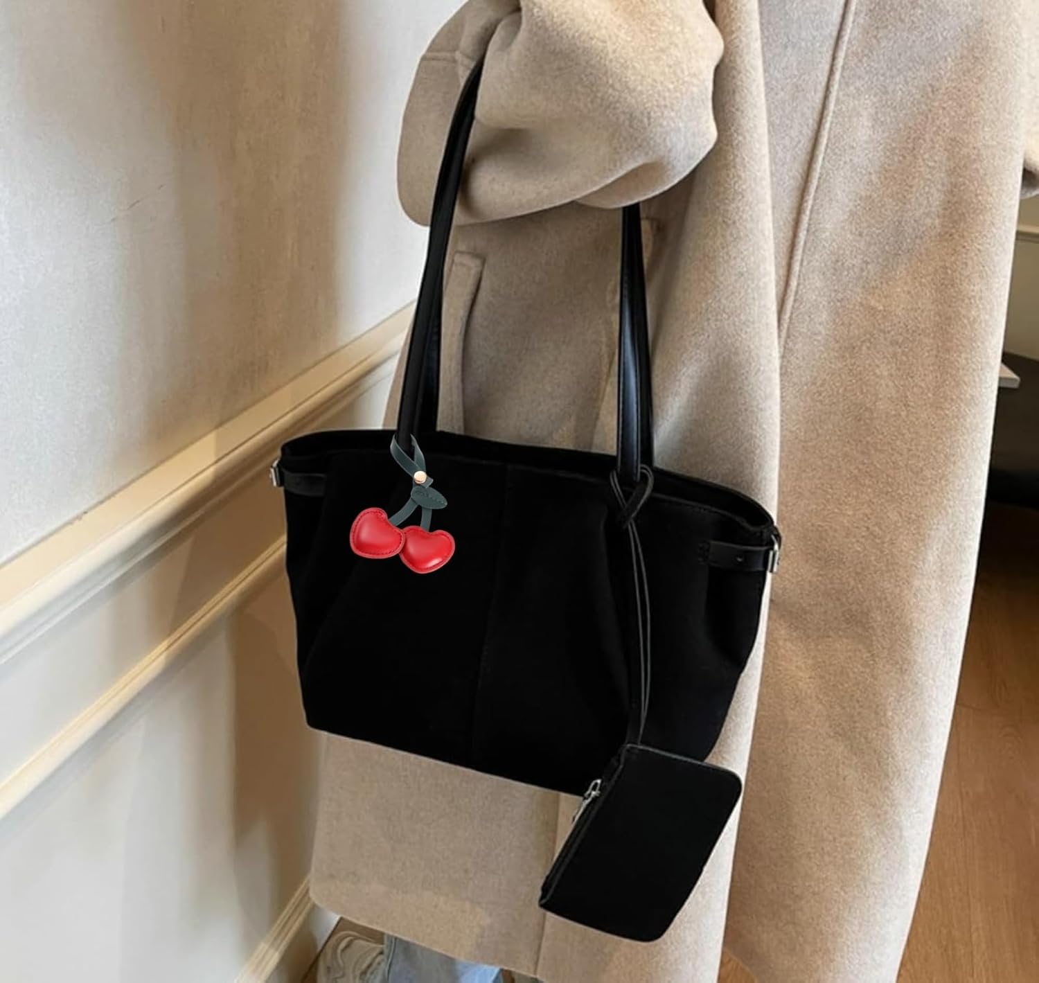 Purilite Select | Suede Shoulder Bag for Women | Pleated Vintage Hobo Tote | Medium Underarm Satchel with Charm Pendant - PuriLite