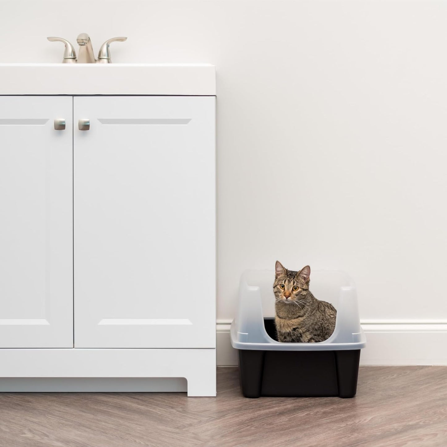 IRIS USA Top Entry Cat Litter Box with Scoop - Large - Stylish Enclosed Round Oval Kitty Dog Proof Box, Litiere Pour Chat Bac - White/Beige