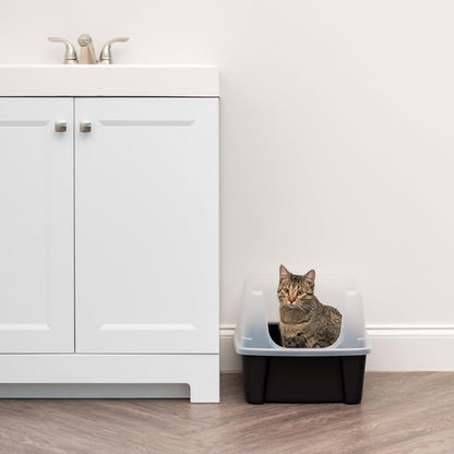 IRIS USA Top Entry Cat Litter Box with Scoop - Large - Stylish Enclosed Round Oval Kitty Dog Proof Box, Litiere Pour Chat Bac - White/Beige