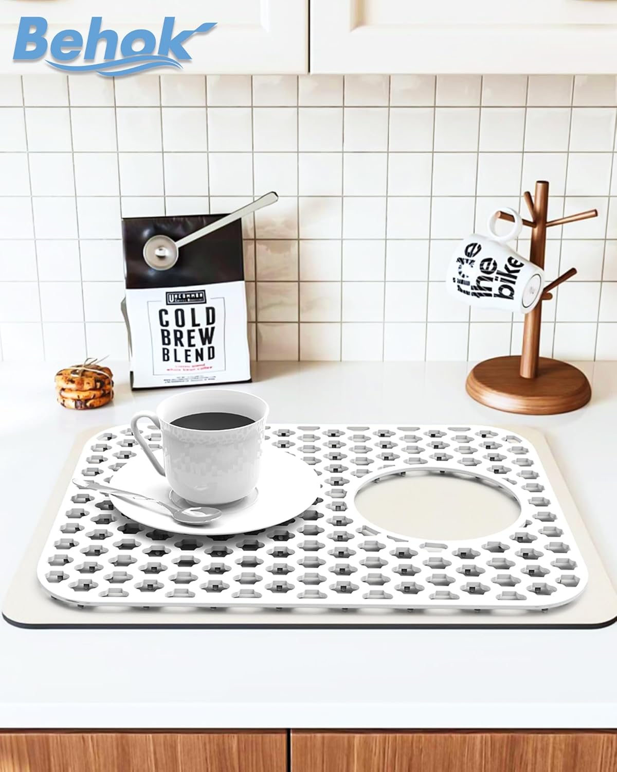 BEHOK 2 Pack Silicone Sink Protector for Kitchen Sink Bathroom Sink 13.58"x 11.6" Sink Mat, Non-Slip and Durable Silicone Sink Grid, Rear Drain (Gray)