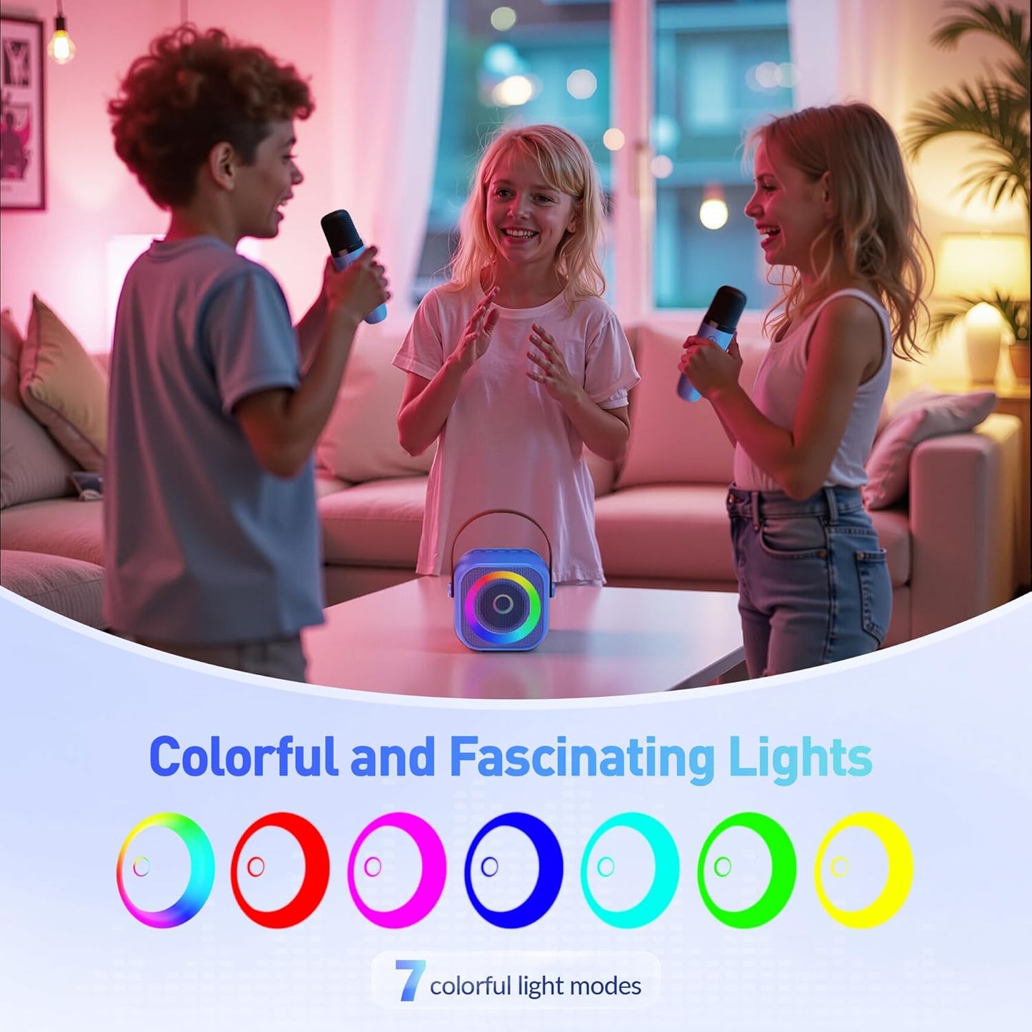 Mini Karaoke Machine, Portable Bluetooth Karaoke Speaker with 2 Wireless Microphones and Party Lights for Kids and Adults, Birthday Gifts for Girls Boys Family Home Party (Blue)