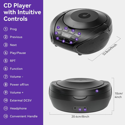Gueray CD Player Portable Boombox: Home Audio CD Players with Speakers FM Radio AUX Input Support Headphones Playlist Mode PROG Playback for Outdoor Indoor Audiobooks