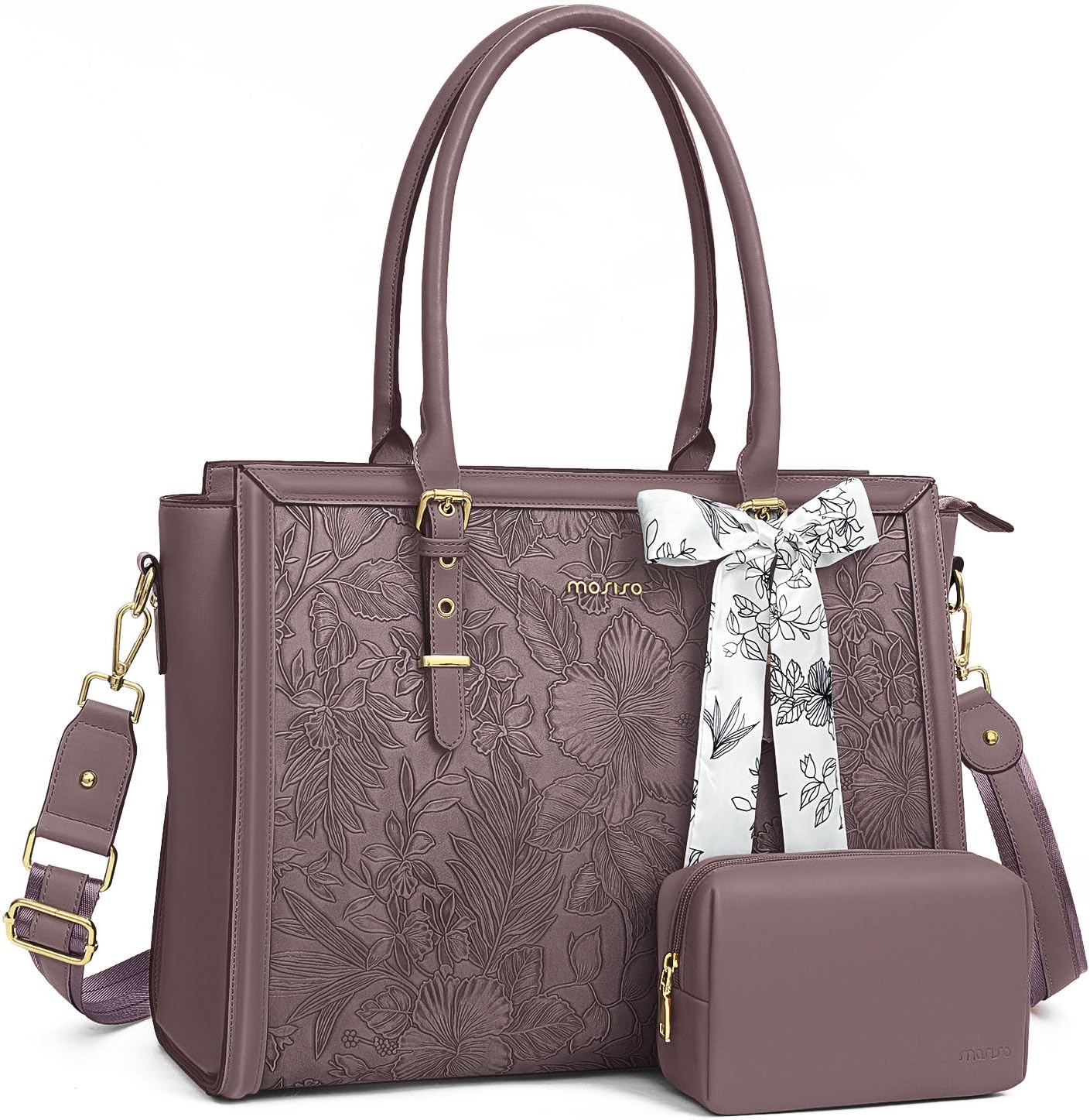 MOSISO Laptop Bag for Women, 17-17.3 inch PU Leathe Tote Bag Compatible with MacBook, HP, Dell, Asus Notebook, Front Embossed Retro Hibiscus Computer Bag with Silk Scarf&Clutch Purse, Gray - PuriLite