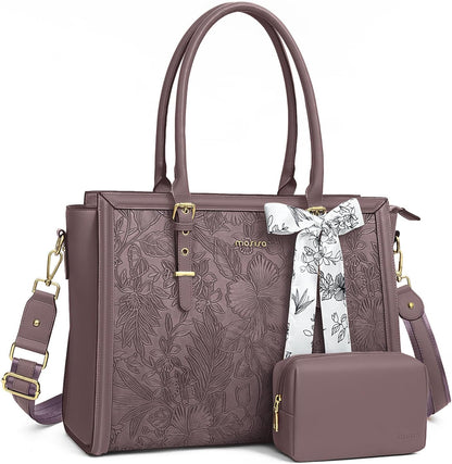 MOSISO Laptop Bag for Women, 17-17.3 inch PU Leathe Tote Bag Compatible with MacBook, HP, Dell, Asus Notebook, Front Embossed Retro Hibiscus Computer Bag with Silk Scarf&Clutch Purse, Gray - PuriLite