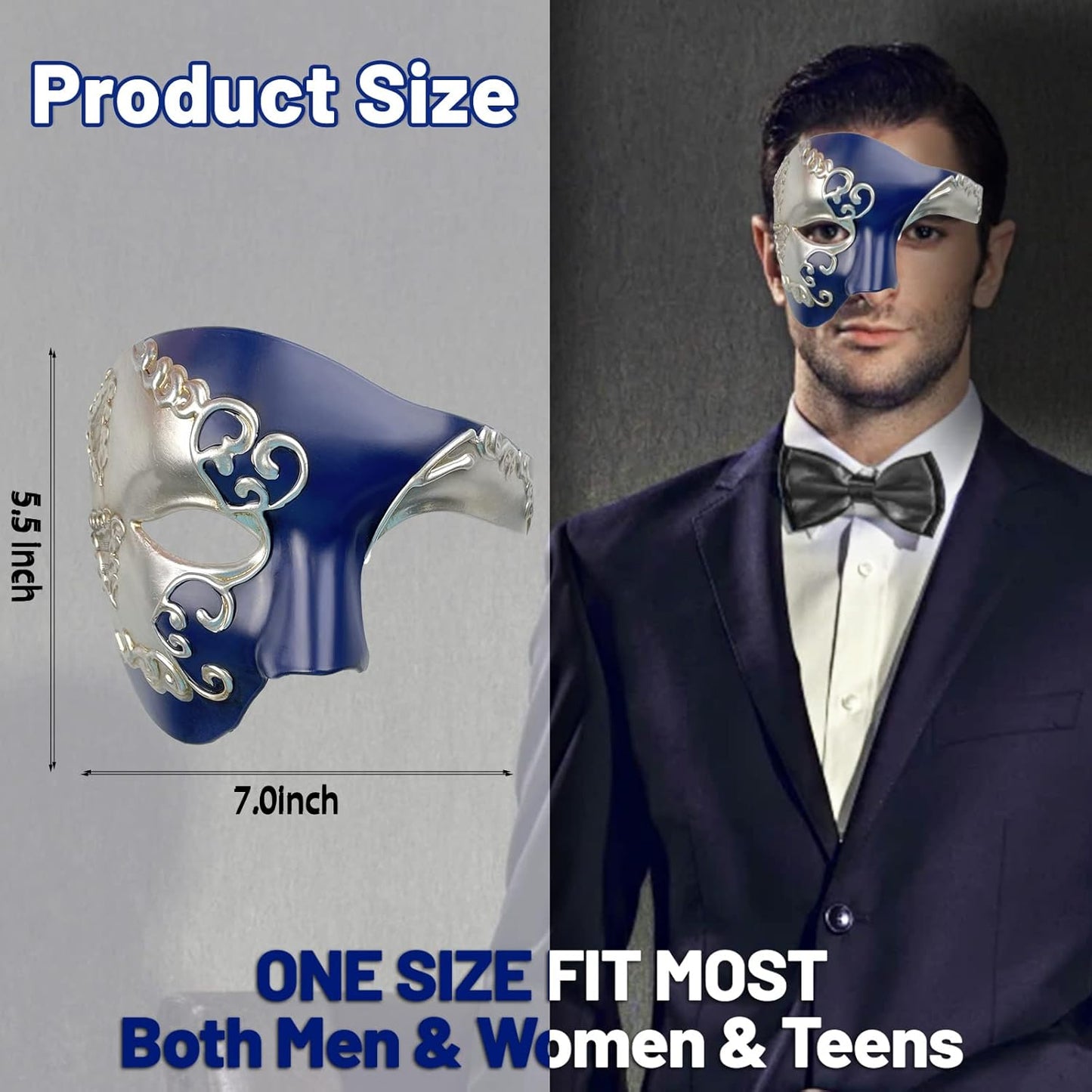 HyperFun Mens Masquerade Mask Phantom of The Opera Half Face Mask with Bowtie, Vintage Venetian Masks for Costume Party