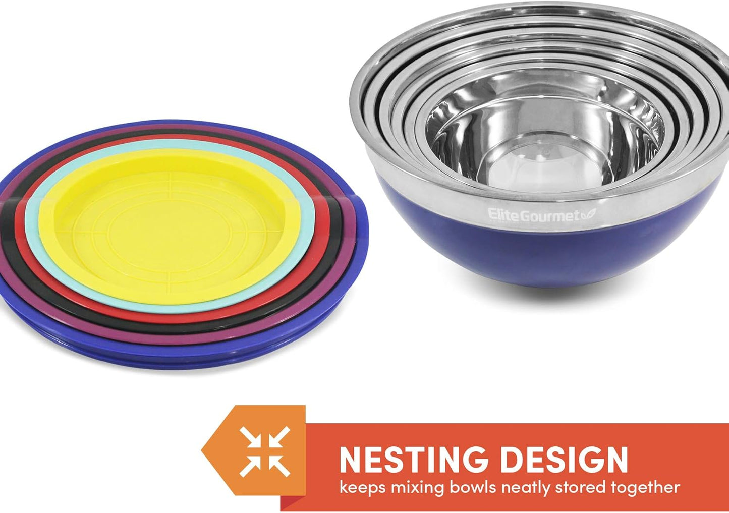 Elite Gourmet EBS-0012 Maxi-Matic 12Piece Stainless Steel Color Mixing Bowls with Lids, 7.25 qt. - 6 qt. – 3.5 qt. – 3 qt. – 2.25 qt. – 2 Qt