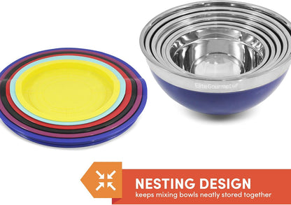 Elite Gourmet EBS-0012 Maxi-Matic 12Piece Stainless Steel Color Mixing Bowls with Lids, 7.25 qt. - 6 qt. – 3.5 qt. – 3 qt. – 2.25 qt. – 2 Qt