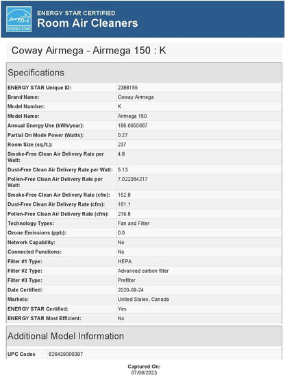 Coway Airmega 150 True HEPA Air Purifier with Air Quality Monitoring, Auto Mode, Filter Indicator, Dove White