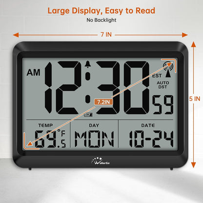 WallarGe Atomic Digital Wall Clock Battery Operated, Self-Setting, Large Display with Temperature, Date, Day of The Week, Silent Wall Mount Digital Clock, 4 Time Zones, DST