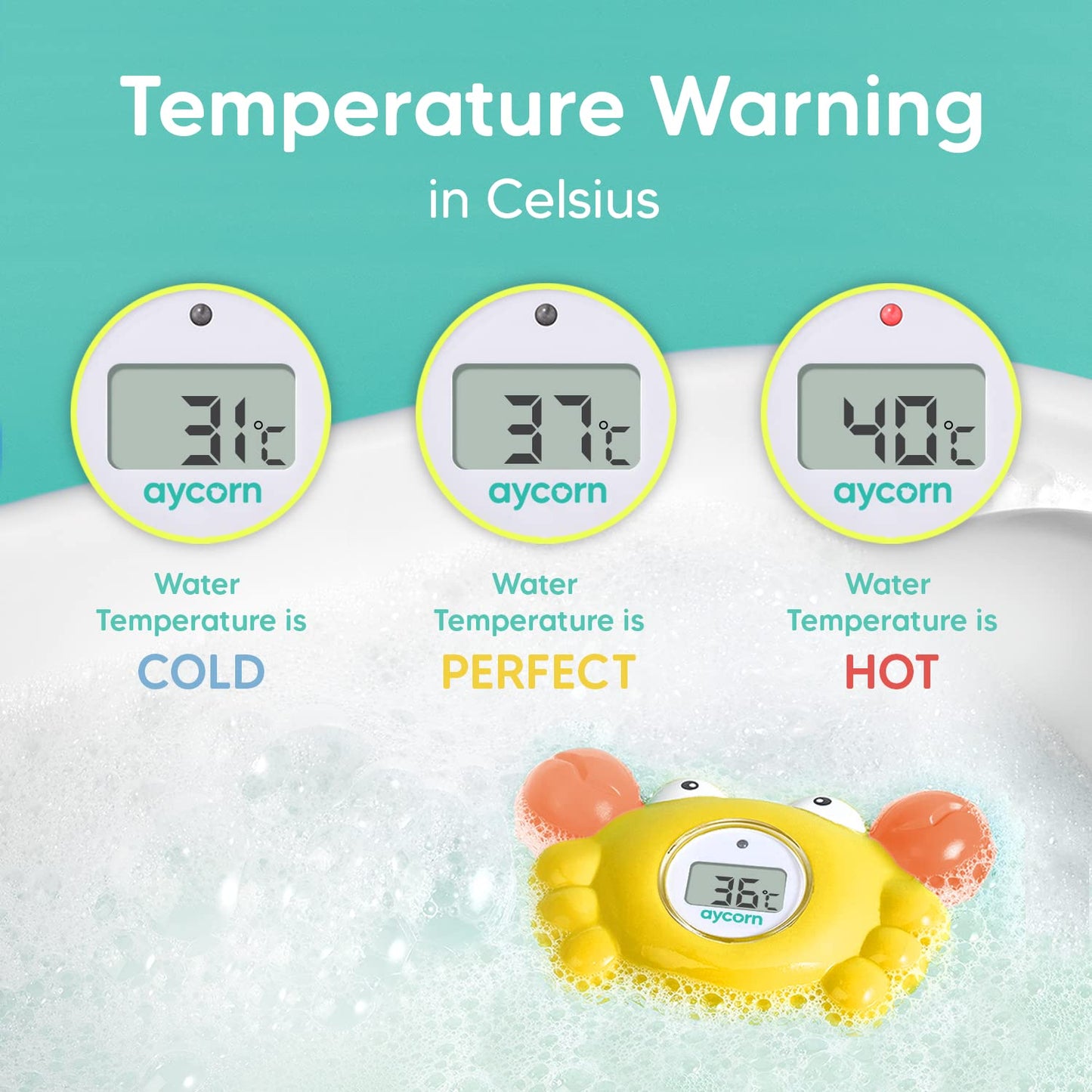 Aycorn Digital Baby Bath Thermometer Baby Safety - Celsius Water Temperature Thermometer & Room Thermometer with LED Display and Temperature Warning - Infant Baby Bath Toys Floating Toy Thermometer