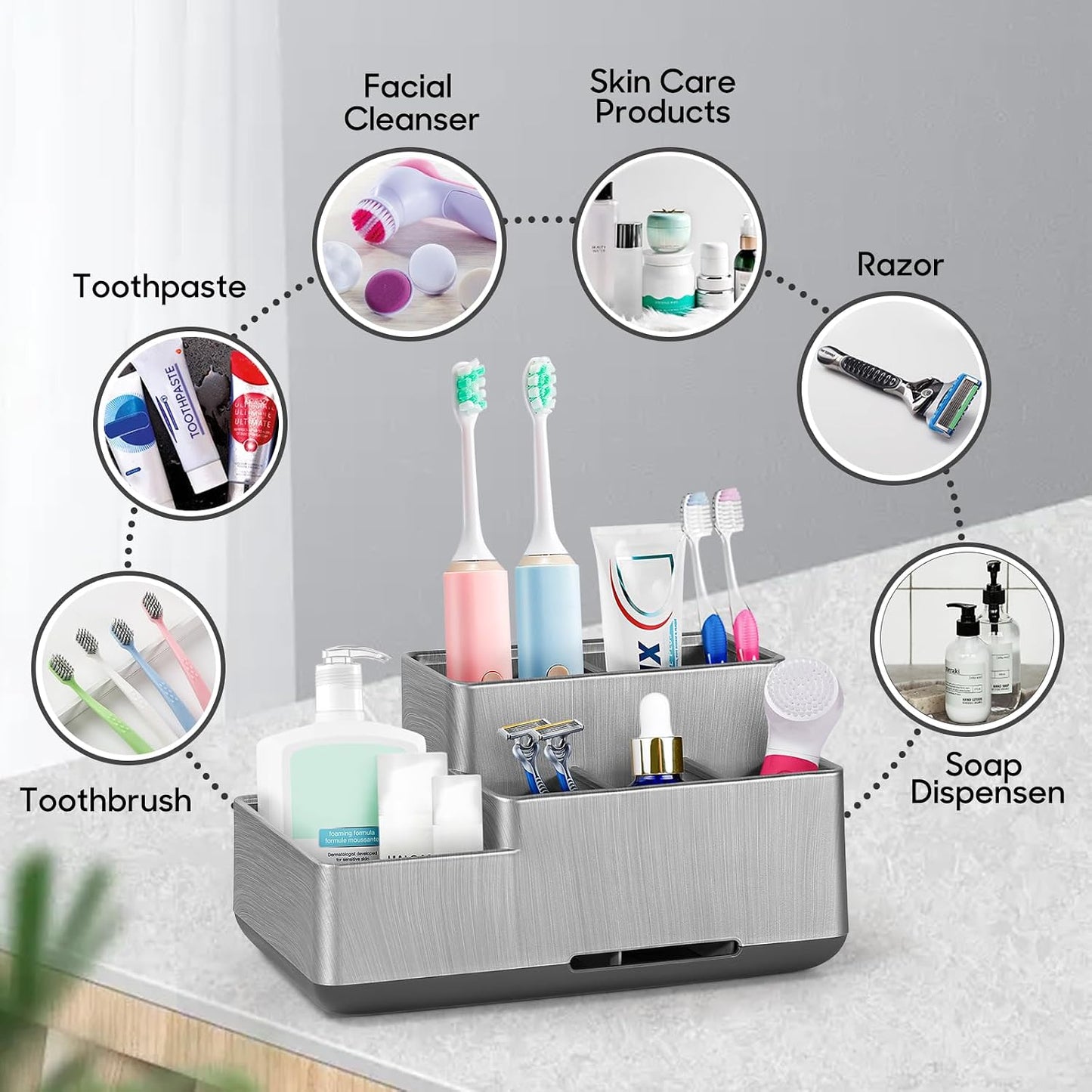 Toothbrush Holder, Bathroom Organizers Countertop, 6 Compartments Multifunctional Washroom Organizer for Toothpaste, Cosmetic, Makeup, Office Stationery Pencils（Silver）