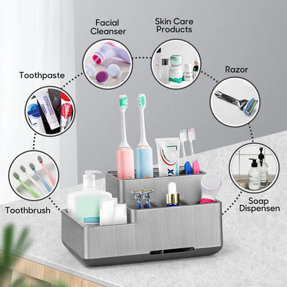 Toothbrush Holder, Bathroom Organizers Countertop, 6 Compartments Multifunctional Washroom Organizer for Toothpaste, Cosmetic, Makeup, Office Stationery Pencils（Silver）