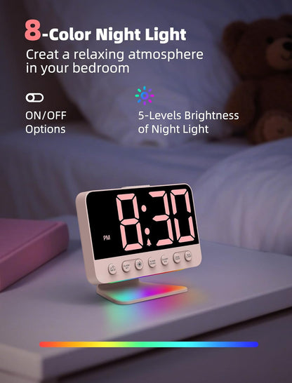 Odokee Digital Alarm Clocks for Bedrooms: Large Bold Number 5 Brightness Dimmer - Easy to Read Across The Room - 5 Alarm Sound 8 Night Light - Silver