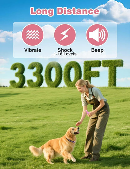 Peture Shock Collar with Remote -Long Range Control Training Collar for Dogs Rechargeable IPX7 Waterproof Dog Training Collar for Large Medium Small Dogs 3 Chanal (Pink)