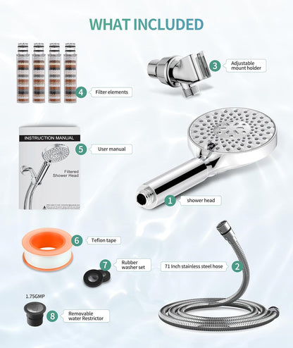 Filtered Shower Head with Handheld, High Pressure 9 Spray Mode Chrome Showerhead with Filters,Detachable Shower Head,Water Softener Filters Beads for Hard Water -Remove Chlorine