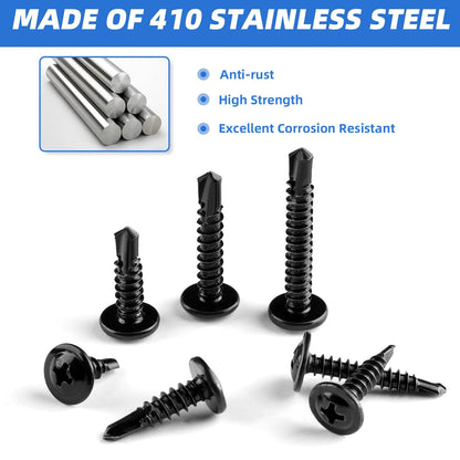 Besitu 400PCS Self Tapping Screws, 410 Stainless Steel Self Drilling Screws #8#10 Black Oxide Sheet Metal Screws, Length 1/2" to 1-1/4'', Truss Head Wood Screws Assortment for Metal, Plastic and RV