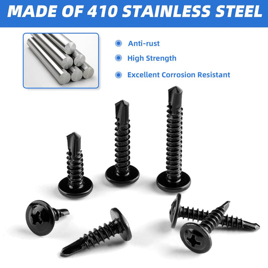 Besitu 400PCS Self Tapping Screws, 410 Stainless Steel Self Drilling Screws #8#10 Black Oxide Sheet Metal Screws, Length 1/2" to 1-1/4'', Truss Head Wood Screws Assortment for Metal, Plastic and RV - PuriLite