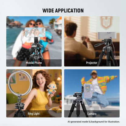 NEEWER BASICS Camera Tripod, 71'' Tripod with Cell Phone Holder Mount Compatible with iPhone for Video Recording, Professional Aluminum Lightweight Portable Travel Stand with 3 Way Pan Tilt Head, TP55