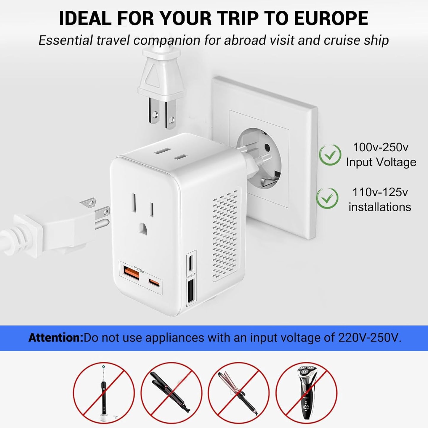 SARQW Travel Converter Adapter Voltage Converter That Steps Down 220 Volts to 110 Volts for use in Over 200 Countries,Including The U.S., U.K., Europe, and Australia - PuriLite