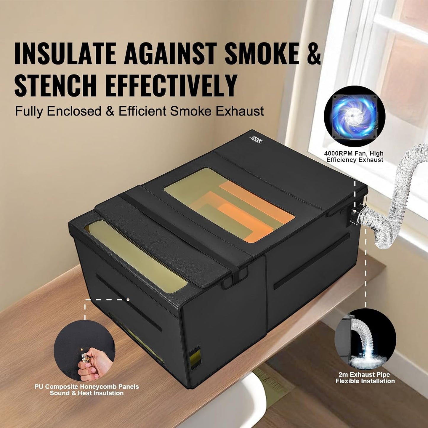 VEVOR Laser Engraver Enclosure, 31.5 x 31.5 x 19.6", Dual-Direction Viewing, Flame Retardant and Fireproof Protective Cover, with Exhaust Fan and Pipe, Insulates Smoke, Noise and Eye Protection