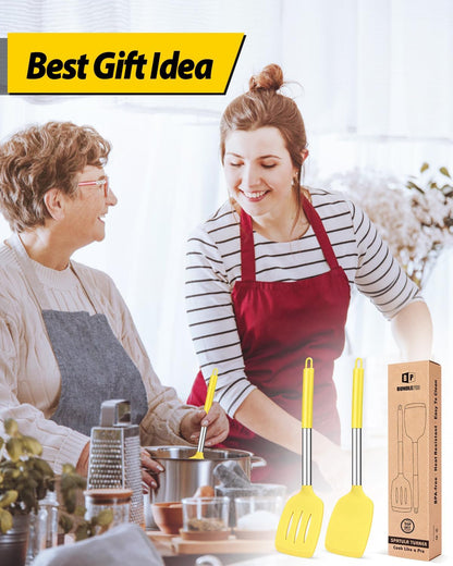 Pack of 2 Silicone Slotted Spatula,Non Stick Solid Kitchen Turner, High Heat Resistant BPA Free Cooking Utensils for Fish, Eggs, Pancakes（Black