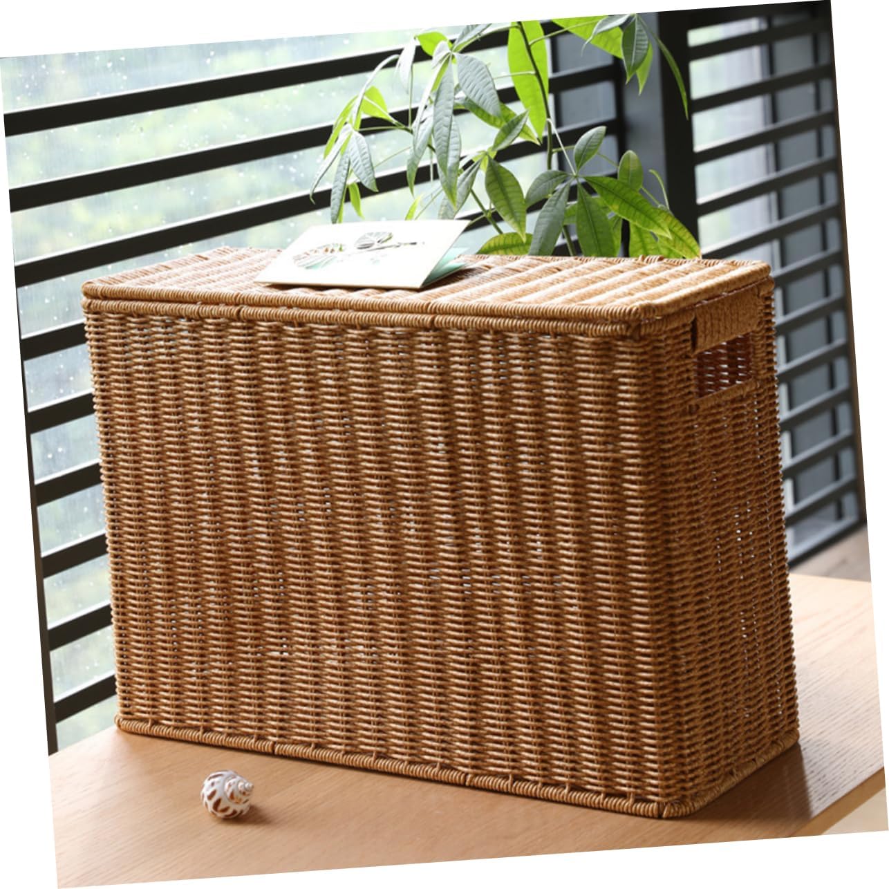 Narrow Wicker Storage Basket | Plastic Rattan Organizer | Rectangular Storage Box with Lid | Home Organization Basket | Lightweight Storage Container - PuriLite