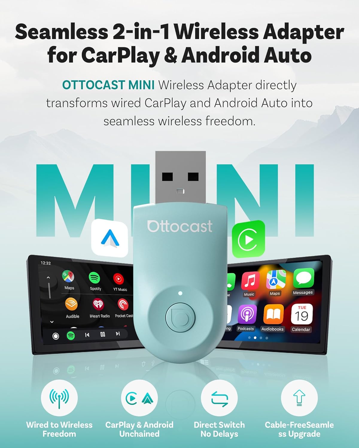 OTTOCAST Mini 2025 Wireless CarPlay & Android Auto 2-in-1 Adapter, Plug & Play, 5GHz WiFi, Auto Connect for iPhone & Android, Fits 98%+ OEM Wired CarPlay Cars (Green)