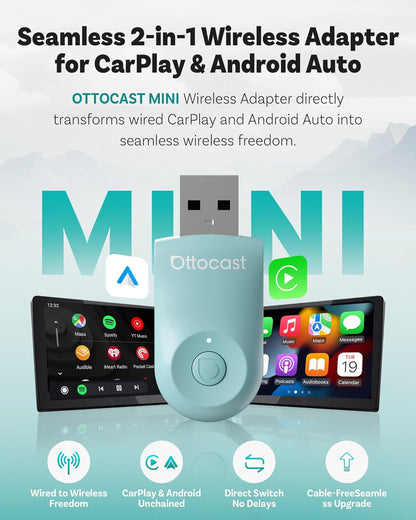 OTTOCAST Mini 2025 Wireless CarPlay & Android Auto 2-in-1 Adapter, Plug & Play, 5GHz WiFi, Auto Connect for iPhone & Android, Fits 98%+ OEM Wired CarPlay Cars (Green)