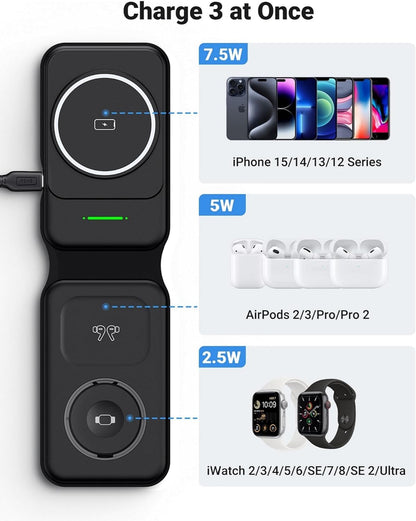 INIU 3 in 1 Wireless Charging Station, Qi2 Certified 15W Travel Charger for Apple Multiple Devices, Foldable Charger Stand for iPhone 16 15 14 13 12 Series Apple Watch AirPods (with Adapter)